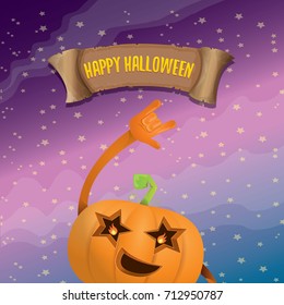 vector halloween funky rock n roll style pumpkin character and vintage ribbon with text happy halloween on stars background. Happy halloween rock party concept poster, background or greeting card