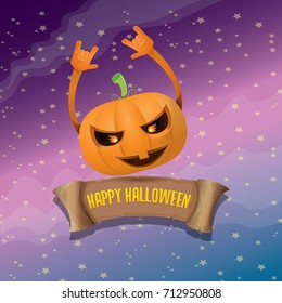 vector halloween funky rock n roll style pumpkin character and vintage ribbon with text happy halloween on stars background. Happy halloween rock party concept poster, background or greeting card