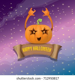 vector halloween funky rock n roll style pumpkin character and vintage ribbon with text happy halloween on stars background. Happy halloween rock party concept poster, background or greeting card