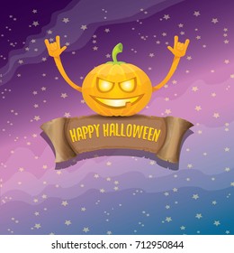 vector halloween funky rock n roll style pumpkin character and vintage ribbon with text happy halloween on stars background. Happy halloween rock party concept poster, background or greeting card
