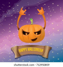 vector halloween funky rock n roll style pumpkin character and vintage ribbon with text happy halloween on stars background. Happy halloween rock party concept poster, background or greeting card