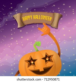 vector halloween funky rock n roll style pumpkin character and vintage ribbon with text happy halloween on stars background. Happy halloween rock party concept poster, background or greeting card
