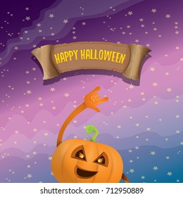 vector halloween funky rock n roll style pumpkin character and vintage ribbon with text happy halloween on stars background. Happy halloween rock party concept poster, background or greeting card