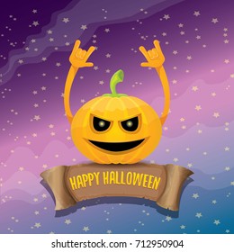 vector halloween funky rock n roll style pumpkin character and vintage ribbon with text happy halloween on stars background. Happy halloween rock party concept poster, background or greeting card