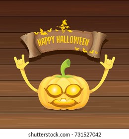 vector halloween funky rock n roll style pumpkin character and vintage ribbon with text happy halloween on wooden background. Happy halloween rock party concept poster, background or greeting card