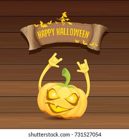 vector halloween funky rock n roll style pumpkin character and vintage ribbon with text happy halloween on wooden background. Happy halloween rock party concept poster, background or greeting card