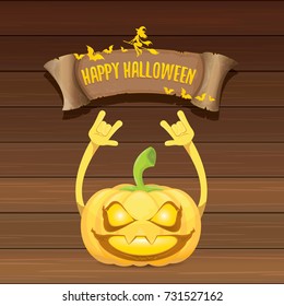 vector halloween funky rock n roll style pumpkin character and vintage ribbon with text happy halloween on wooden background. Happy halloween rock party concept poster, background or greeting card