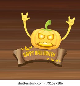 vector halloween funky rock n roll style pumpkin character and vintage ribbon with text happy halloween on wooden background. Happy halloween rock party concept poster, background or greeting card