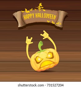vector halloween funky rock n roll style pumpkin character and vintage ribbon with text happy halloween on wooden background. Happy halloween rock party concept poster, background or greeting card