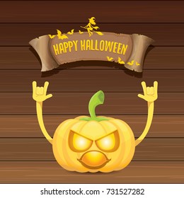 vector halloween funky rock n roll style pumpkin character and vintage ribbon with text happy halloween on wooden background. Happy halloween rock party concept poster, background or greeting card