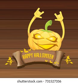 vector halloween funky rock n roll style pumpkin character and vintage ribbon with text happy halloween on wooden background. Happy halloween rock party concept poster, background or greeting card