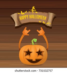 vector halloween funky rock n roll style pumpkin character and vintage ribbon with text happy halloween on wooden background. Happy halloween rock party concept poster, background or greeting card