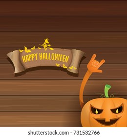 vector halloween funky rock n roll style pumpkin character and vintage ribbon with text happy halloween on wooden background. Happy halloween rock party concept poster, background or greeting card