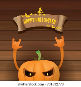 vector halloween funky rock n roll style pumpkin character and vintage ribbon with text happy halloween on wooden background. Happy halloween rock party concept poster, background or greeting card
