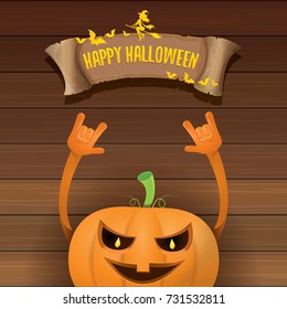 vector halloween funky rock n roll style pumpkin character and vintage ribbon with text happy halloween on wooden background. Happy halloween rock party concept poster, background or greeting card