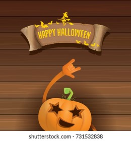 vector halloween funky rock n roll style pumpkin character and vintage ribbon with text happy halloween on wooden background. Happy halloween rock party concept poster, background or greeting card