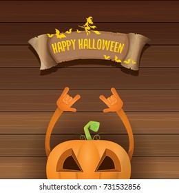 vector halloween funky rock n roll style pumpkin character and vintage ribbon with text happy halloween on wooden background. Happy halloween rock party concept poster, background or greeting card