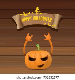 vector halloween funky rock n roll style pumpkin character and vintage ribbon with text happy halloween on wooden background. Happy halloween rock party concept poster, background or greeting card