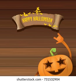 vector halloween funky rock n roll style pumpkin character and vintage ribbon with text happy halloween on wooden background. Happy halloween rock party concept poster, background or greeting card