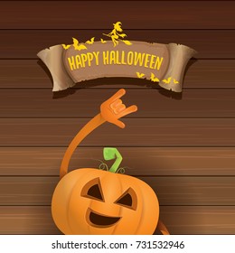 vector halloween funky rock n roll style pumpkin character and vintage ribbon with text happy halloween on wooden background. Happy halloween rock party concept poster, background or greeting card