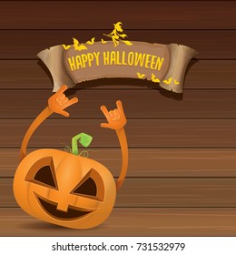 vector halloween funky rock n roll style pumpkin character and vintage ribbon with text happy halloween on wooden background. Happy halloween rock party concept poster, background or greeting card