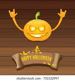 vector halloween funky rock n roll style pumpkin character and vintage ribbon with text happy halloween on wooden background. Happy halloween rock party concept poster, background or greeting card