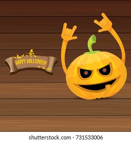 vector halloween funky rock n roll style pumpkin character and vintage ribbon with text happy halloween on wooden background. Happy halloween rock party concept poster, background or greeting card