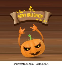 vector halloween funky rock n roll style pumpkin character and vintage ribbon with text happy halloween on wooden background. Happy halloween rock party concept poster, background or greeting card