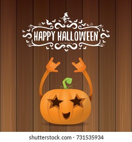 vector halloween funky rock n roll style pumpkin character and calligraphic halloween hand drawn text on wooden background. Happy halloween rock party concept poster, background or greeting card