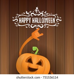vector halloween funky rock n roll style pumpkin character and calligraphic halloween hand drawn text on wooden background. Happy halloween rock party concept poster, background or greeting card