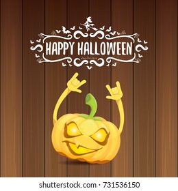 vector halloween funky rock n roll style pumpkin character and calligraphic halloween hand drawn text on wooden background. Happy halloween rock party concept poster, background or greeting card