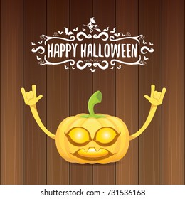vector halloween funky rock n roll style pumpkin character and calligraphic halloween hand drawn text on wooden background. Happy halloween rock party concept poster, background or greeting card
