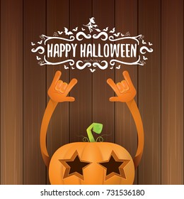 vector halloween funky rock n roll style pumpkin character and calligraphic halloween hand drawn text on wooden background. Happy halloween rock party concept poster, background or greeting card