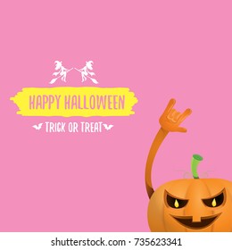 vector halloween funky rock n roll style pumpkin character isolated on pink background. Happy halloween rock party concept poster, background or greeting card