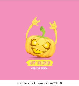 vector halloween funky rock n roll style pumpkin character isolated on pink background. Happy halloween rock party concept poster, background or greeting card