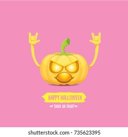 vector halloween funky rock n roll style pumpkin character isolated on pink background. Happy halloween rock party concept poster, background or greeting card