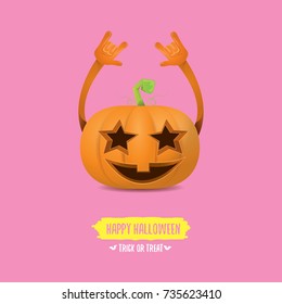 vector halloween funky rock n roll style pumpkin character isolated on pink background. Happy halloween rock party concept poster, background or greeting card