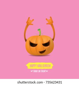 vector halloween funky rock n roll style pumpkin character isolated on pink background. Happy halloween rock party concept poster, background or greeting card