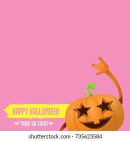 vector halloween funky rock n roll style pumpkin character isolated on pink background. Happy halloween rock party concept poster, background or greeting card