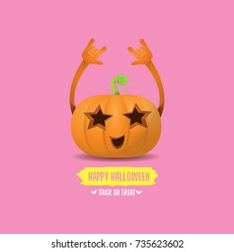 vector halloween funky rock n roll style pumpkin character isolated on pink background. Happy halloween rock party concept poster, background or greeting card