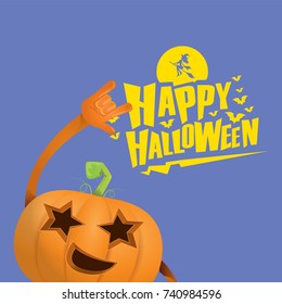 vector halloween funky rock n roll style cartoon carved pumpkin character with eyes and mouth isolated on blue background. Happy halloween rock party concept poster, background or greeting card