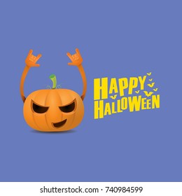 vector halloween funky rock n roll style cartoon carved pumpkin character with eyes and mouth isolated on blue background. Happy halloween rock party concept poster, background or greeting card