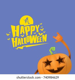 vector halloween funky rock n roll style cartoon carved pumpkin character with eyes and mouth isolated on blue background. Happy halloween rock party concept poster, background or greeting card