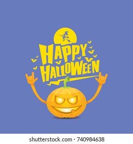 vector halloween funky rock n roll style cartoon carved pumpkin character with eyes and mouth isolated on blue background. Happy halloween rock party concept poster, background or greeting card