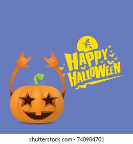 vector halloween funky rock n roll style cartoon carved pumpkin character with eyes and mouth isolated on blue background. Happy halloween rock party concept poster, background or greeting card
