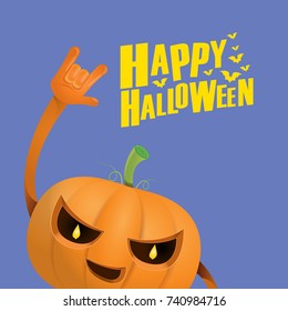 vector halloween funky rock n roll style cartoon carved pumpkin character with eyes and mouth isolated on blue background. Happy halloween rock party concept poster, background or greeting card