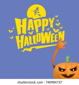 vector halloween funky rock n roll style cartoon carved pumpkin character with eyes and mouth isolated on blue background. Happy halloween rock party concept poster, background or greeting card