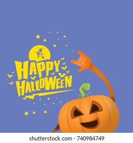 vector halloween funky rock n roll style cartoon carved pumpkin character with eyes and mouth isolated on blue background. Happy halloween rock party concept poster, background or greeting card