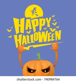 vector halloween funky rock n roll style cartoon carved pumpkin character with eyes and mouth isolated on blue background. Happy halloween rock party concept poster, background or greeting card