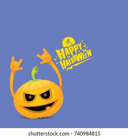vector halloween funky rock n roll style cartoon carved pumpkin character with eyes and mouth isolated on blue background. Happy halloween rock party concept poster, background or greeting card